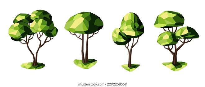 Set of low poly trees. Geometric 3D trees. Entourage elements for the landscape design.Vector.