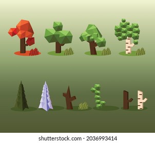 conjunto de árboles de poli bajo fondo verde. ilustración vectorial