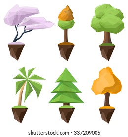 Set of low polygon and isometric vector trees on a white background. Collection of geometric trees for mobile applications, games, logos, print and web design.