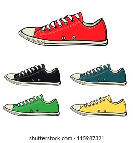 Set of low sneakers drawn in a sketch style. Side view of sneakers in different colors. Vector illustration.