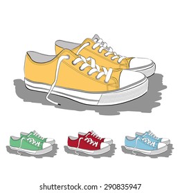 Set of low sneakers drawn in a sketch style. Side view of sneakers in different colors. Vector illustration.