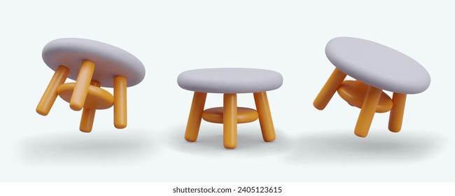 Set of low stools with wooden legs and soft round seat. 3D model in different positions, template for dynamic special effects in web design. Element of home interior