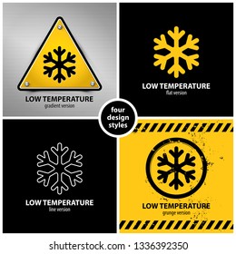 set of low temperature warning symbols containing four unique design elements in different variations: gradient, flat, line and grunge style, eps10 vector illustration