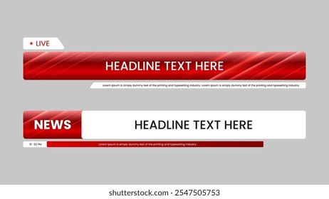 Set of lower third bar templates for breaking news, sports news on television. Newscast lower third banner vector. 