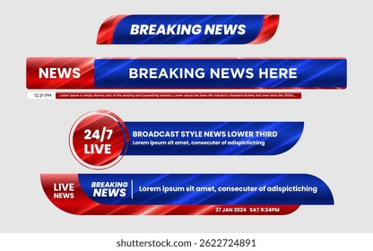 Conjunto de modelos de terceira barra inferior para notícias de última hora, notícias de esportes na televisão, vídeo e mídia on-line. Terceiro vetor de banner inferior do Newscast. Terceiro vetor de banner inferior do Newscast.