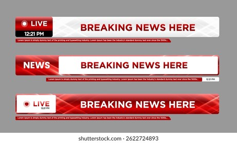 Conjunto de modelos de terceira barra inferior para notícias de última hora, notícias de esportes na televisão, vídeo e mídia on-line. Terceiro vetor de banner inferior do Newscast. Terceiro vetor de banner inferior do Newscast.