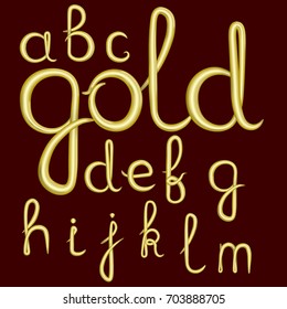 A set of lowercase Latin letters made of thick golden cream. Font is isolated by a velvety dark crimson background. Letters have 3D effect.  Part 1. Vector illustration.