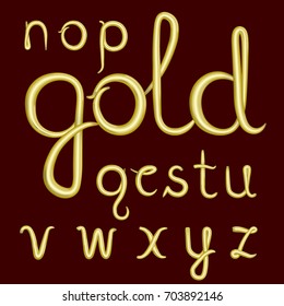 A set of lowercase Latin letters made of thick golden cream. Font is isolated by a velvety dark crimson background. Letters have 3D effect.  Part 2. Vector illustration.
