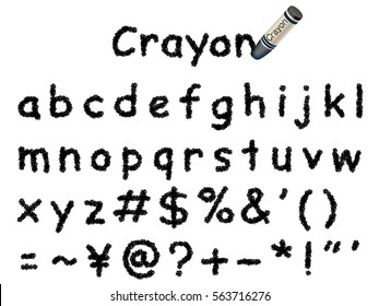 A set of lower-case letters and symbols written with a black crayon.