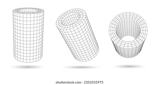 Set of lowpoly 3D geometric figures. Futuristic wireframe polygonal cylinders. For your web-site or banner and etc. Vector illustration.