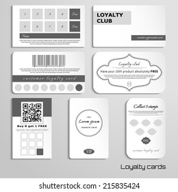 Set of loyalty cards. The basic design in black and white colors. Realistic shadows. Place for your text. 