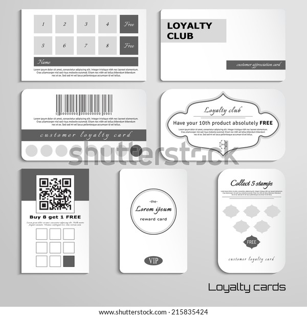 Set of loyalty\
cards. The basic design in black and white colors. Realistic\
shadows. Place for your text.\
