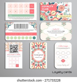 Set of loyalty cards. Beautiful floral pattern in modern style and moroccan tiles ornament. Place for your text.