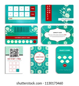 Set of loyalty cards. Beautiful flowers and green watercolor background.  Imitation of chinese porcelain painting