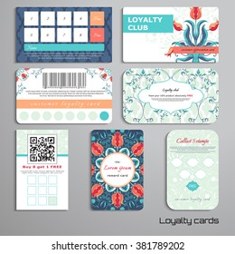 Set of loyalty cards. Floral ornament with tulip and curls. Place for your text.