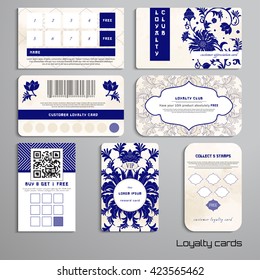 Set of loyalty cards. Floral pattern. Imitation of chinese porcelain painting. Watercolor background. Place for your text.