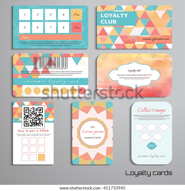 Set of loyalty cards with multicolored\
triangles and grid. Place for your\
text.