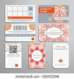 Set of loyalty cards. Oriental pattern with peacock feathers elements and round ornament