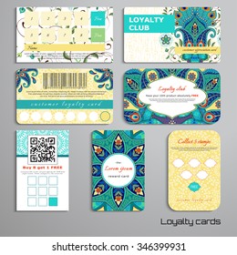 Set of loyalty cards. Oriental pattern with peacock feathers elements and round ornament. Abstract backdrop. Place for your text.
