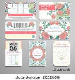 Set of loyalty cards. Ornament with french roses bouquet