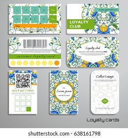 Set of loyalty cards. Pattern of fantasy flowers. Place for your text.