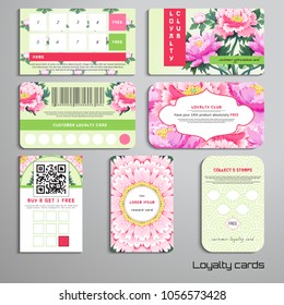 Set of loyalty cards. Pattern with sachiko embroidery. Peony flowers. Place for your text.