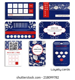 Set of loyalty cards.Beautiful flowers and blue watercolor background. Hand drawing. Imitation of chinese porcelain painting. Realistic shadows. Place for your text.