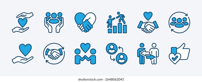 Ícone de conjunto de fidelidade. Contém devoção, confiança, confiabilidade, compromisso, cooperar, relacionamento, conexão, apoio, amizade, trabalho em equipe, leal, amor, compartilhamento, união. Ilustração vetorial