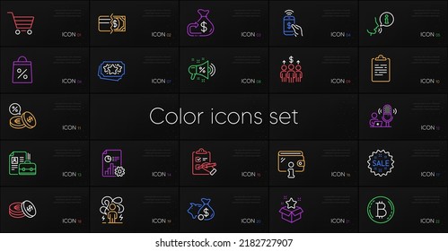 Set of Loyalty points, Savings and Cashback line icons. Include Loyalty program, Vacancy, Checklist icons. Piggy bank, Report, Bitcoin web elements. Payment methods, Wallet, Sale megaphone. Vector