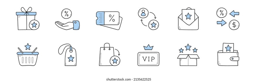 Juego de programas de fidelidad caja de regalo de iconos de doodle, mano con signo de porcentaje, cupón de venta o etiqueta, sobre, cesta y bolsa de compras, tarjeta de cliente vip, estrellas en caja y cartera, ilustración de vector de arte de línea