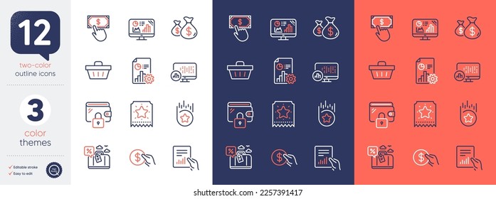 Set of Loyalty ticket, Report and Payment line icons. Include Shopping basket, Loyalty star, Payment click icons. Report statistics, Travel loan, Wallet web elements. Coins bags. Vector