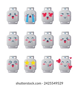 LPG-Gasflaschen-Icons einstellen. Sammlung von Emoticons im Cartoon-Stil isoliert auf weißem Hintergrund, Vektor-Illustration