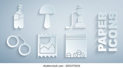 Establezca la marca de ácido LSD, Hookah, Esposas, bolsa de plástico de la droga, hongos de Psilocybin y Bong para fumar el ícono de la marihuana. Vector