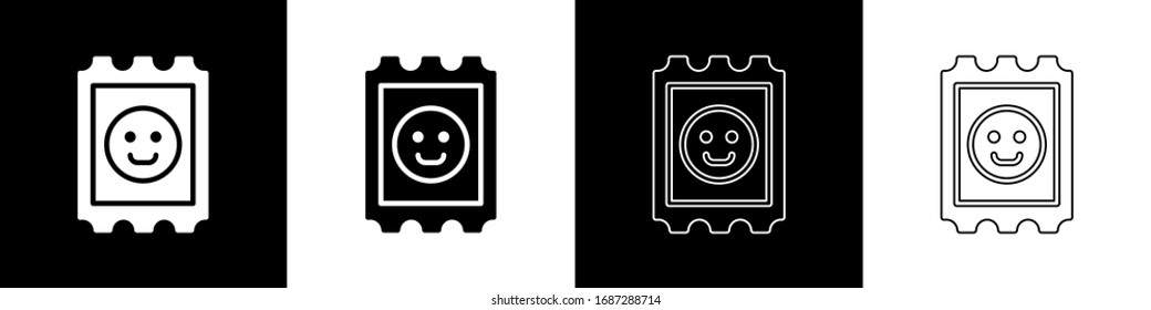 Set LSD acid mark icon isolated on black and white background. Acid narcotic. Postmark. Postage stamp. Health danger.  Vector Illustration
