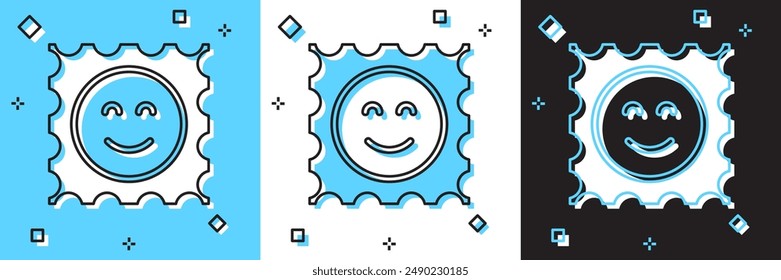 Establecer el icono de marca de ácido LSD aislado en azul y blanco, fondo negro. Ácido narcótico. matasellos. Sello postal. Riesgo para la salud.  Vector