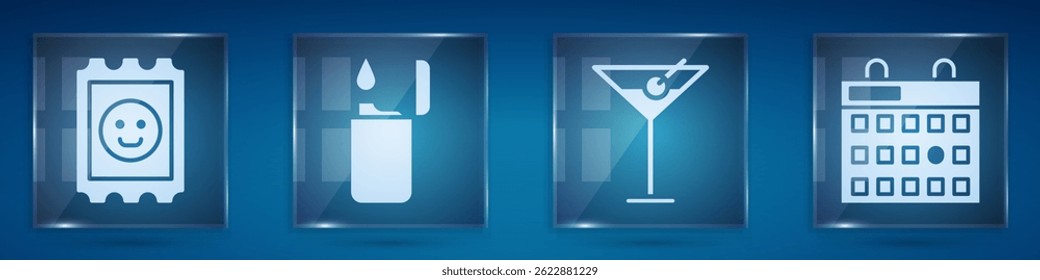 Establecer la marca de ácido LSD, el encendedor, el vidrio Martini y el calendario de cumpleaños. Paneles de vidrio cuadrados. Vector