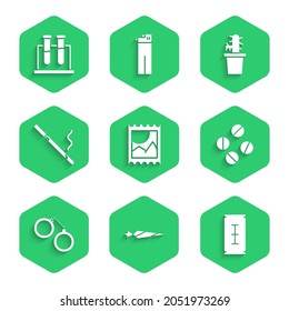 Set LSD acid mark, Marijuana joint, Blade razor, Medicine pill tablet, Handcuffs, Cigarette, Cactus peyote pot and Test tube flask icon. Vector