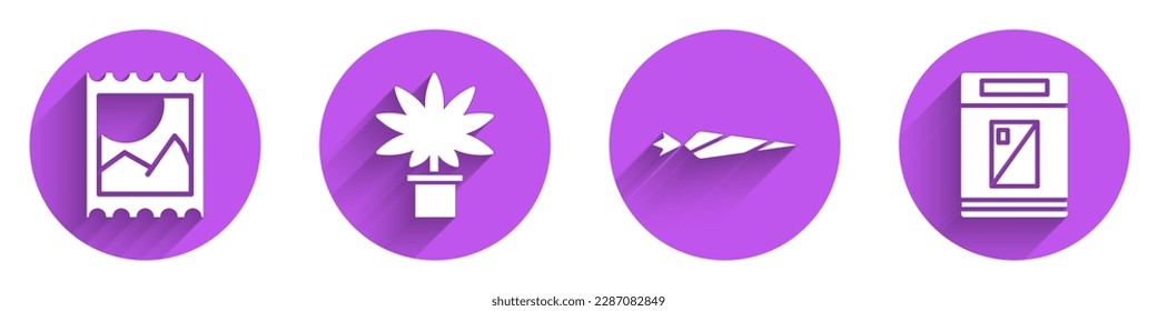 Set LSD acid mark, Marijuana or cannabis plant in pot, Marijuana joint and Cigarettes pack box icon with long shadow. Vector