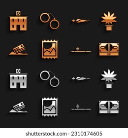 Set LSD acid mark, Marijuana or cannabis plant in pot, Stacks paper money cash, Opium pipe, Cocaine and credit card, joint, Medical hospital building and Handcuffs icon. Vector