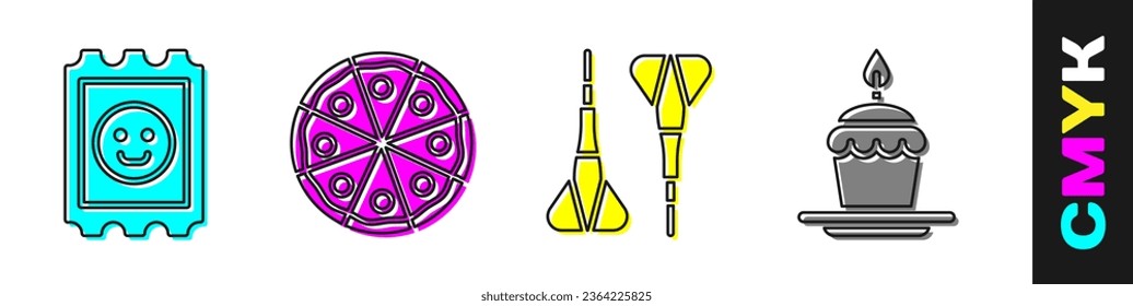 Set LSD acid mark, Pizza, Dart arrow and Cake with burning candles icon. Vector
