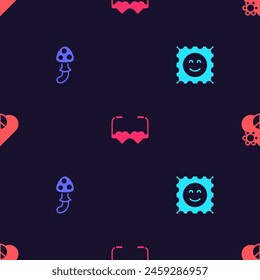 Set LSD acid mark, Psilocybin mushroom, Heart shaped love glasses and Love peace on seamless pattern. Vector