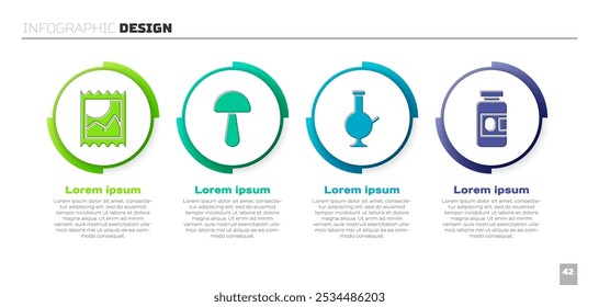 Definir marca de ácido LSD, cogumelo Psilocybin, bong de vidro para fumar maconha e frasco de medicina e comprimidos. Modelo de infográfico comercial. Vetor