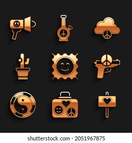 Set LSD acid mark, Suitcase for travel, Peace, No war, Yin Yang symbol, Cactus, cloud and Megaphone icon. Vector