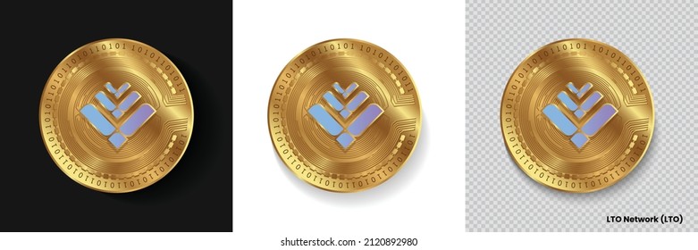 Set of  LTO Network (LTO) crypto currency logo symbol vector isolated on white, dark and transparent background. Can be used as golden coin sticker, icon, label, badge, print design and emblem