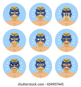 Set of lucha libre wrestler emoticons. Luchador avatars showing different emotions. Happy, smile, sad, cry, angry, surprised, upset, laugh and other facial expressions. Flat style vector illustration