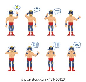 Set of lucha libre wrestlers posing in different situations. Cheerful luchador talking on the phone, pointing up, thinking, crying, laughing, surprised. Flat style vector illustration