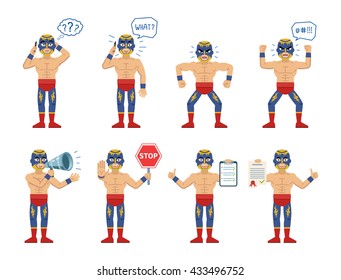 Set of lucha libre wrestlers posing in different situations. Cheerful luchador talking on phone, surprised, thinking, angry, holding stop sign, clipboard, loudspeaker. Flat style vector illustration