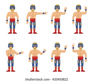 Set of lucha libre wrestlers showing different hand gestures. Cheerful luchador showing thumb up, greeting, waving, pointing up and other hand gestures. Flat style vector illustration