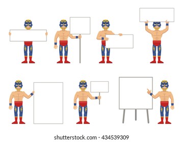 Set of luchador characters posing with different blank banners. Cheerful wrestler with paper, poster, placard, pointing to whiteboard. Teach, advertise, promote. Flat style vector illustration