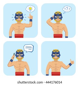 Set of luchador characters posing in different situations. Cheerful wrestler talking on phone, pointing up, thinking, showing thumb up gesture. Flat style vector illustration